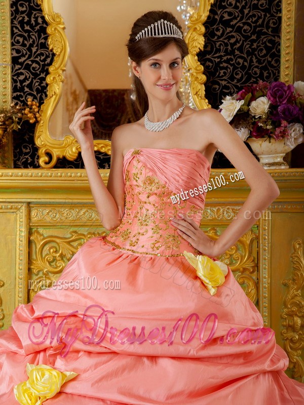 Watermelon and Yellow Pick-ups Dress 15 with Applique and Hand Made Flowers