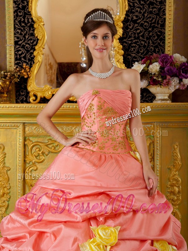 Watermelon and Yellow Pick-ups Dress 15 with Applique and Hand Made Flowers