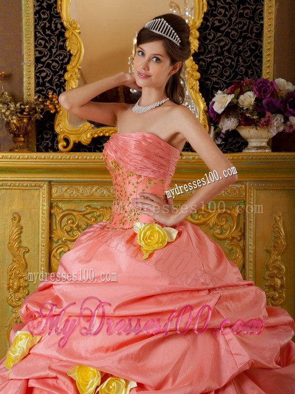Watermelon and Yellow Pick-ups Dress 15 with Applique and Hand Made Flowers