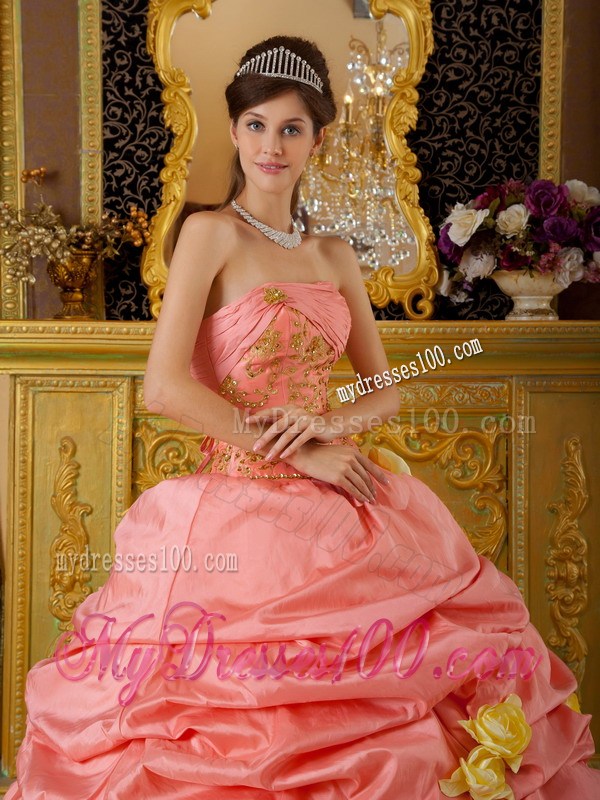 Watermelon and Yellow Pick-ups Dress 15 with Applique and Hand Made Flowers