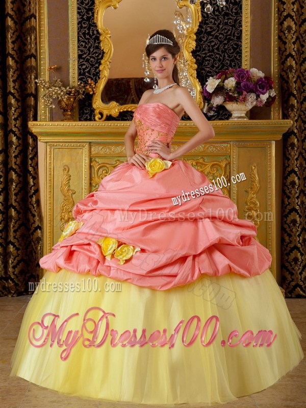 Watermelon and Yellow Pick-ups Dress 15 with Applique and Hand Made Flowers