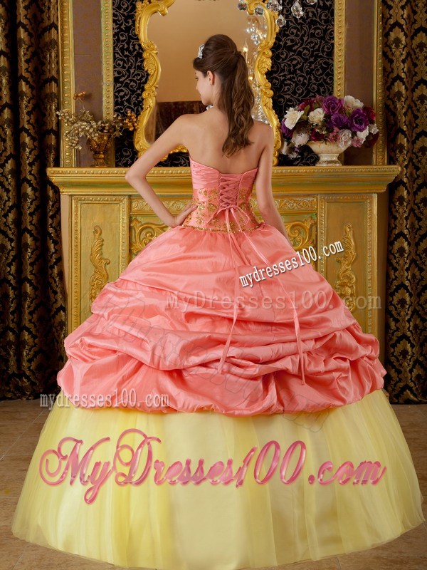 Watermelon and Yellow Pick-ups Dress 15 with Applique and Hand Made Flowers