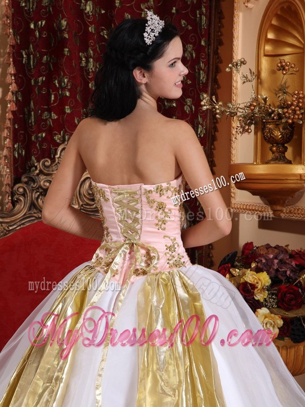 Appliques Quince Dresses White and Pink With Gold Element
