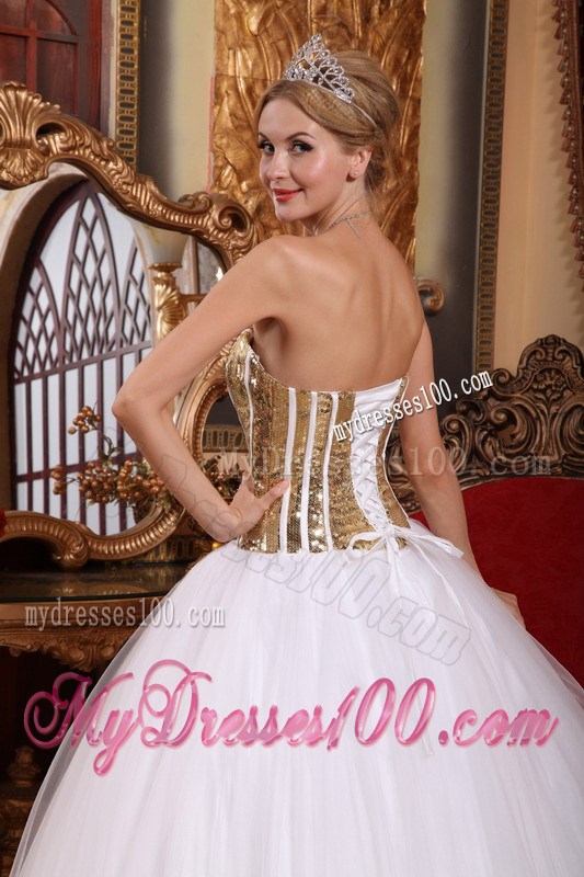 White and Gold Strapless Tulle Sequined Quinceanera Gown Dresses