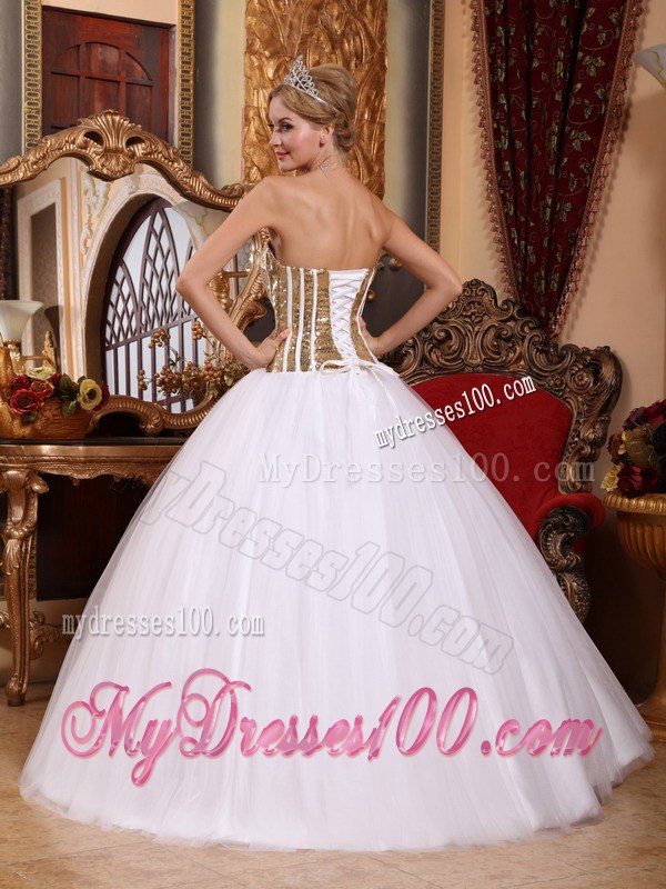 White and Gold Strapless Tulle Sequined Quinceanera Gown Dresses