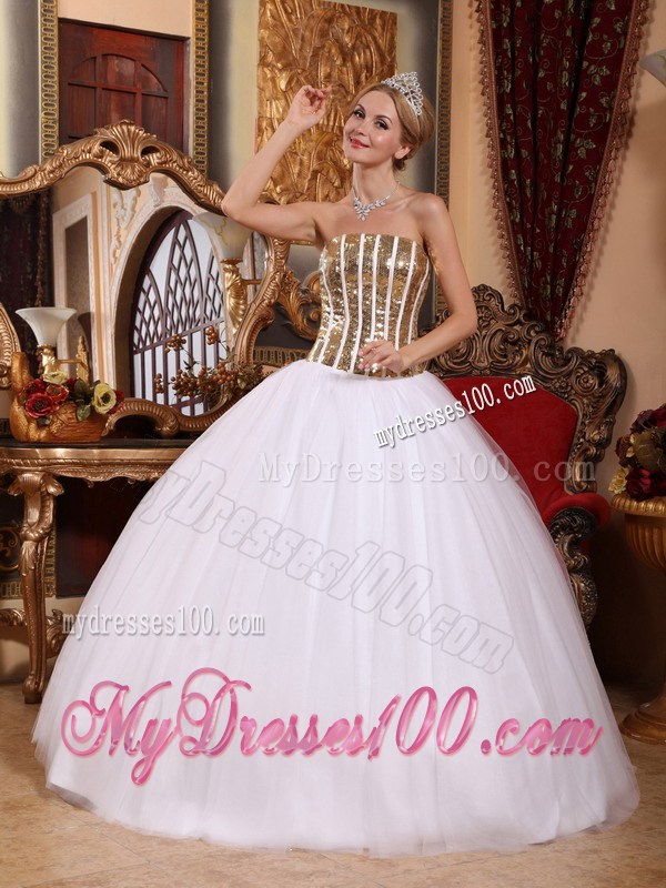 White and Gold Strapless Tulle Sequined Quinceanera Gown Dresses