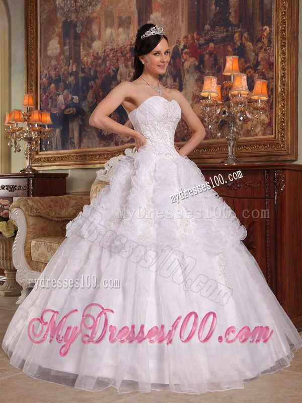 White Ruched Organza Quinceanera Dresses with Rows Of Rolling Flowers