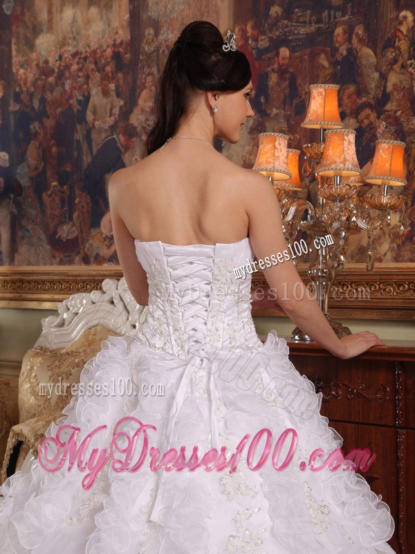White Ruched Organza Quinceanera Dresses with Rows Of Rolling Flowers