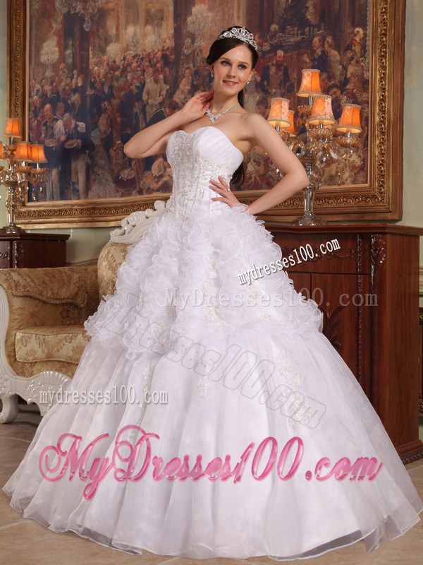 White Ruched Organza Quinceanera Dresses with Rows Of Rolling Flowers