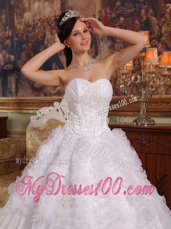 White Ruched Organza Quinceanera Dresses with Rows Of Rolling Flowers
