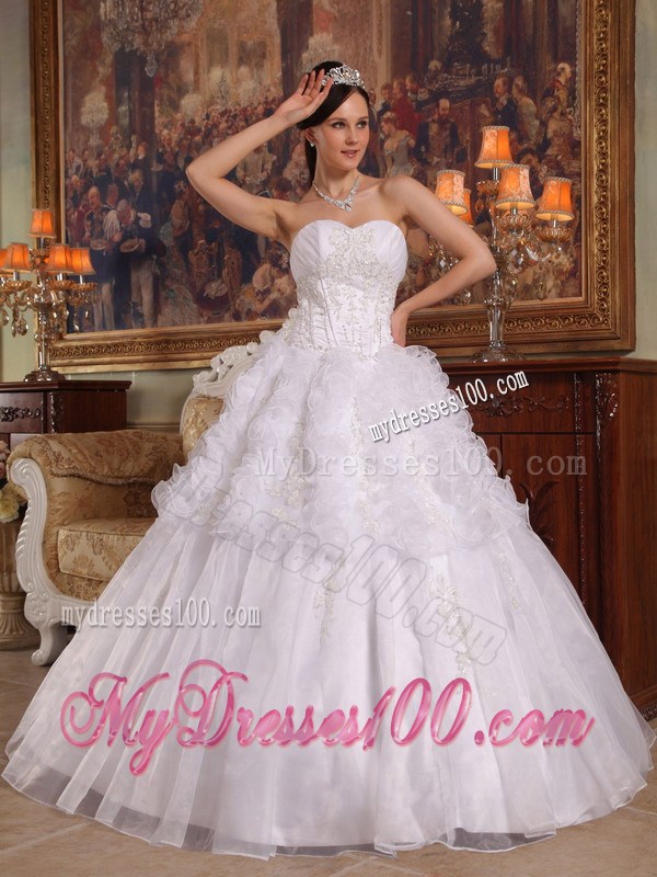White Ruched Organza Quinceanera Dresses with Rows Of Rolling Flowers