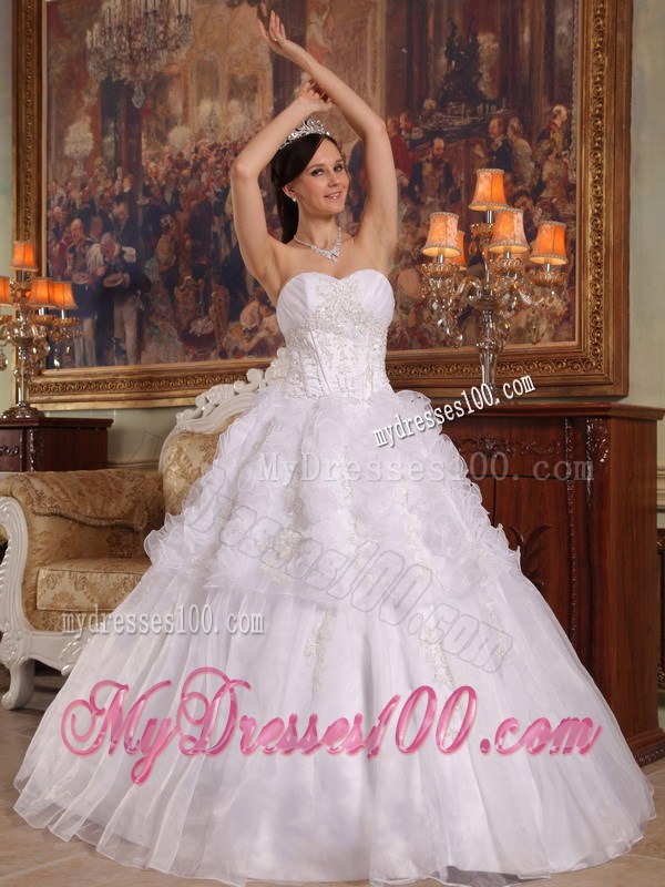 White Ruched Organza Quinceanera Dresses with Rows Of Rolling Flowers