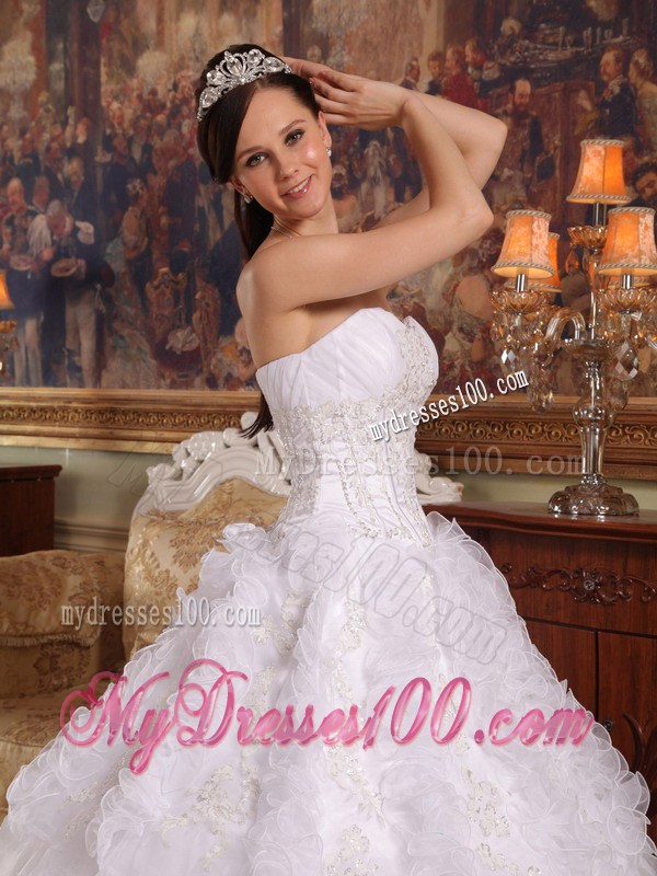 White Ruched Organza Quinceanera Dresses with Rows Of Rolling Flowers