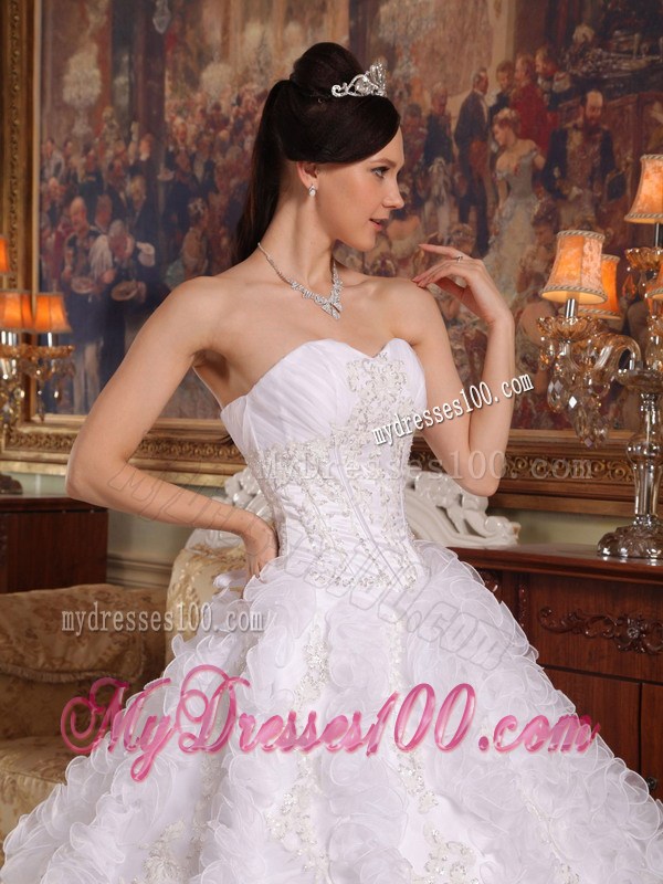 White Ruched Organza Quinceanera Dresses with Rows Of Rolling Flowers