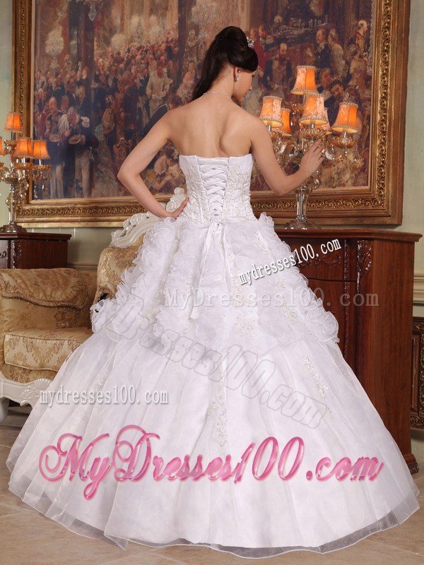White Ruched Organza Quinceanera Dresses with Rows Of Rolling Flowers