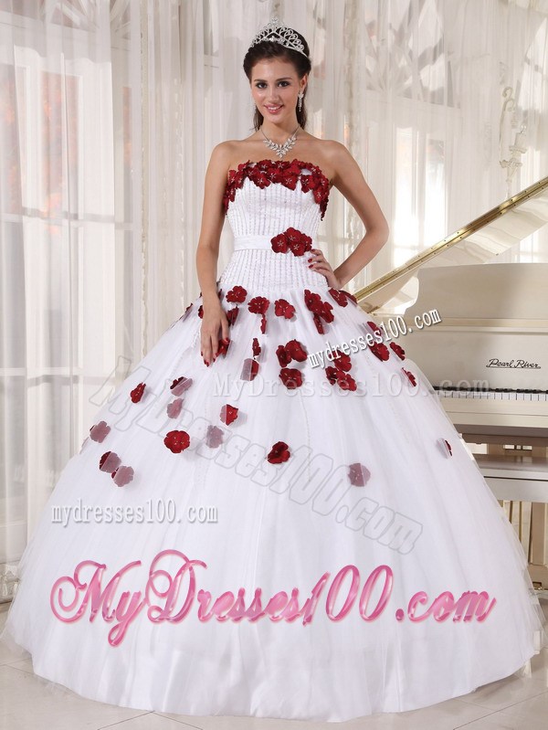 White Ball Gown Floor-length Quinceanera Dresses with Red Hand Made Flowers