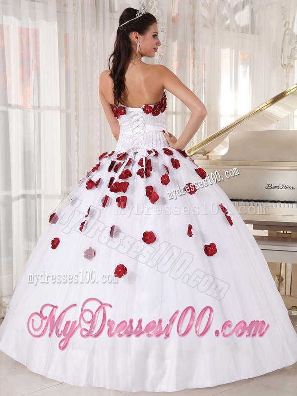 White Ball Gown Floor-length Quinceanera Dresses with Red Hand Made Flowers