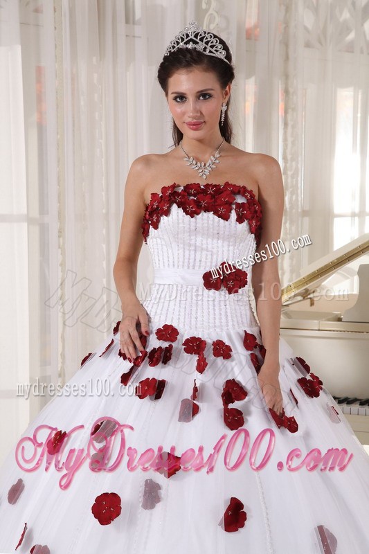 White Ball Gown Floor-length Quinceanera Dresses with Red Hand Made Flowers