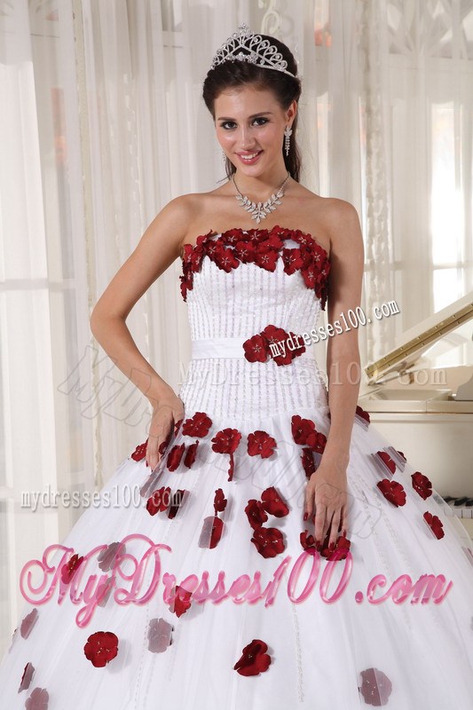 White Ball Gown Floor-length Quinceanera Dresses with Red Hand Made Flowers