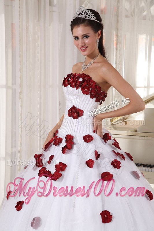 White Ball Gown Floor-length Quinceanera Dresses with Red Hand Made Flowers