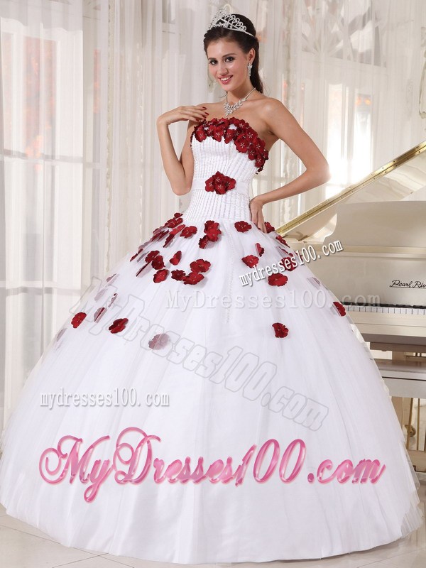 White Ball Gown Floor-length Quinceanera Dresses with Red Hand Made Flowers