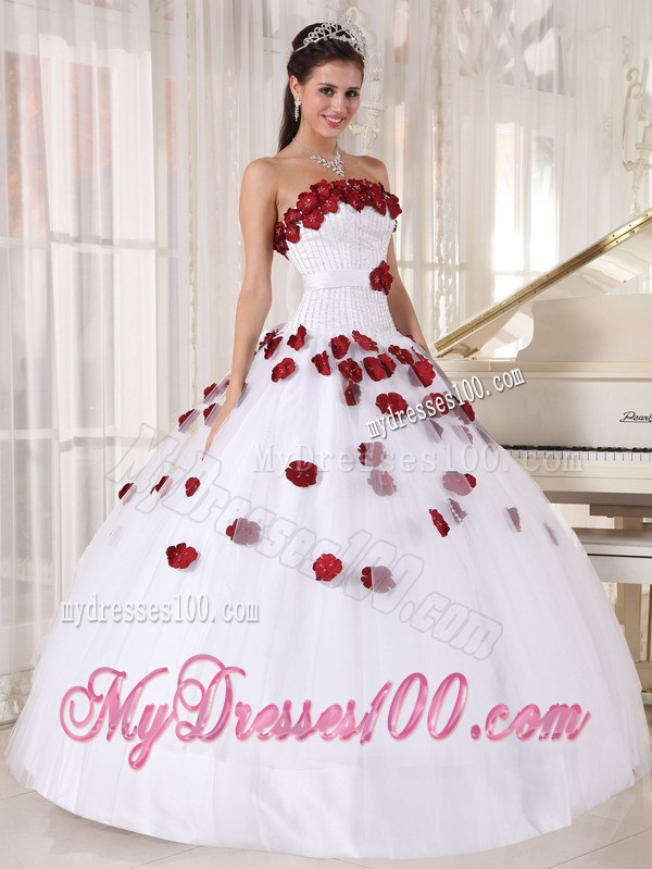 White Ball Gown Floor-length Quinceanera Dresses with Red Hand Made Flowers
