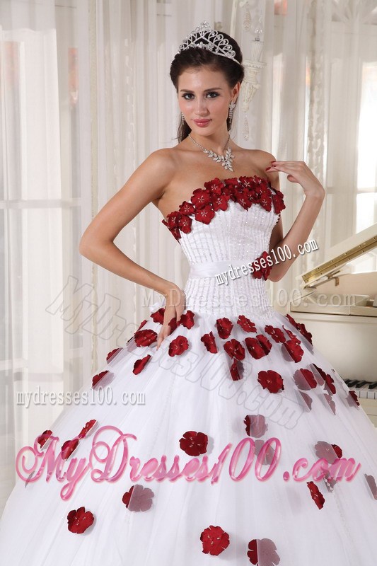 White Ball Gown Floor-length Quinceanera Dresses with Red Hand Made Flowers