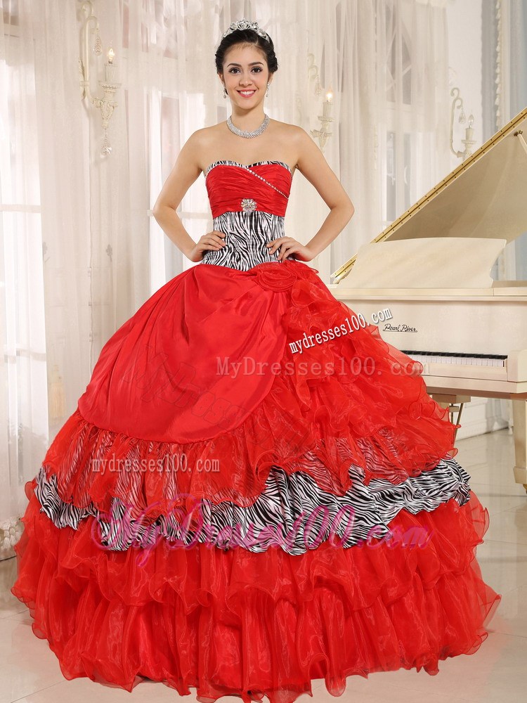 Red and Black-White Zebra Quinceanera Dress with Ruffled Layers