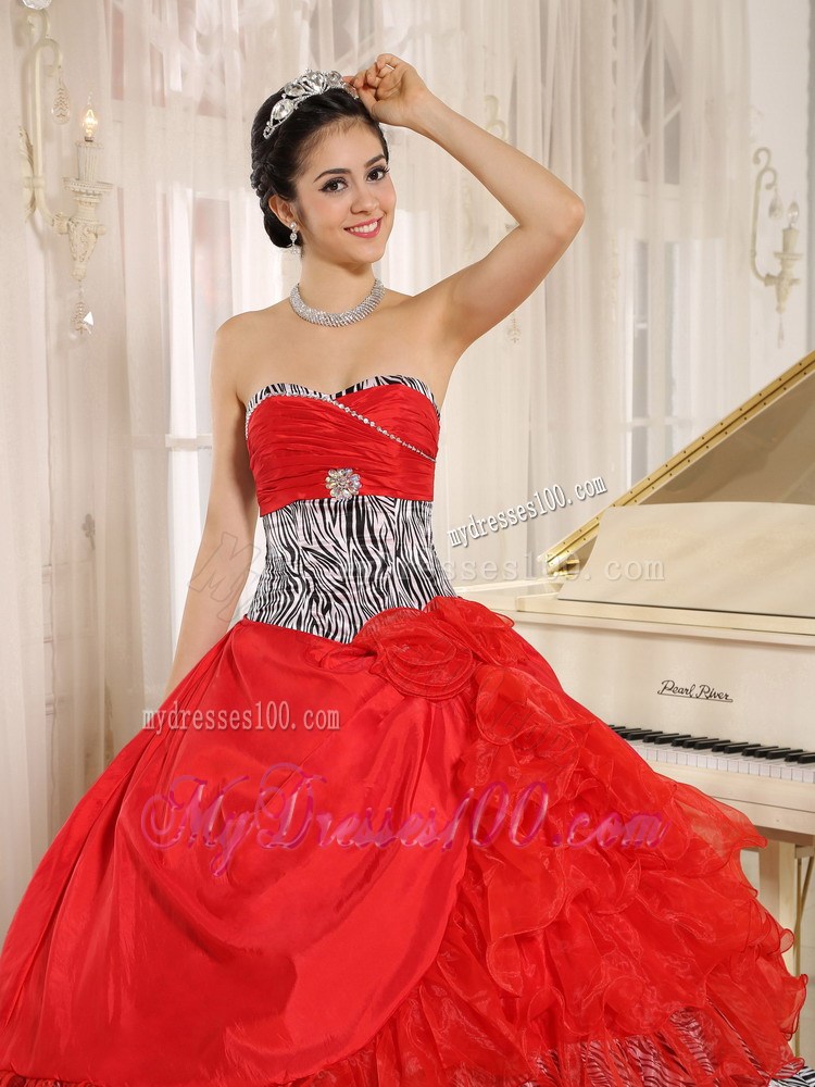 Red and Black-White Zebra Quinceanera Dress with Ruffled Layers
