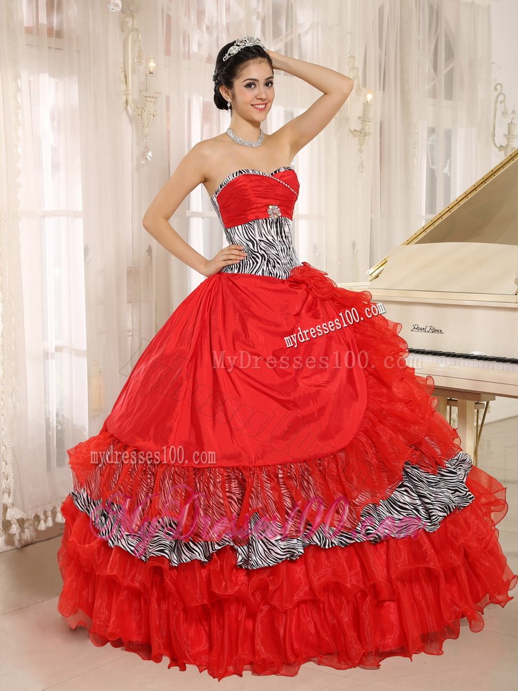 Red and Black-White Zebra Quinceanera Dress with Ruffled Layers