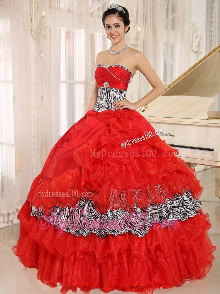 Red and Black-White Zebra Quinceanera Dress with Ruffled Layers
