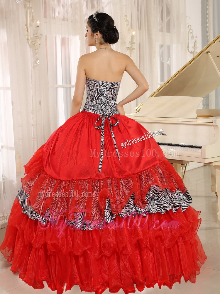 Red and Black-White Zebra Quinceanera Dress with Ruffled Layers