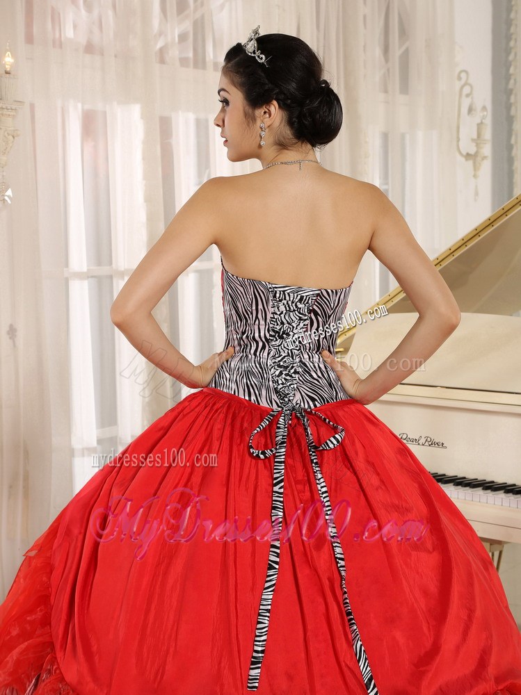 Red and Black-White Zebra Quinceanera Dress with Ruffled Layers
