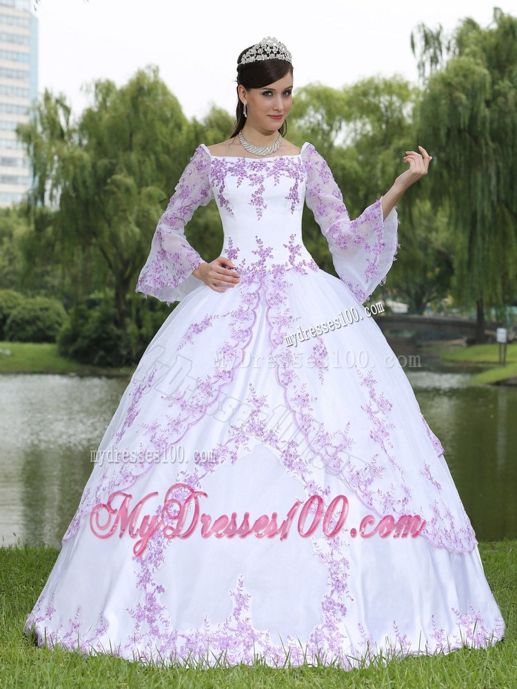 White off Shoulder Dresses 16 with Appliques and Long Sleeves