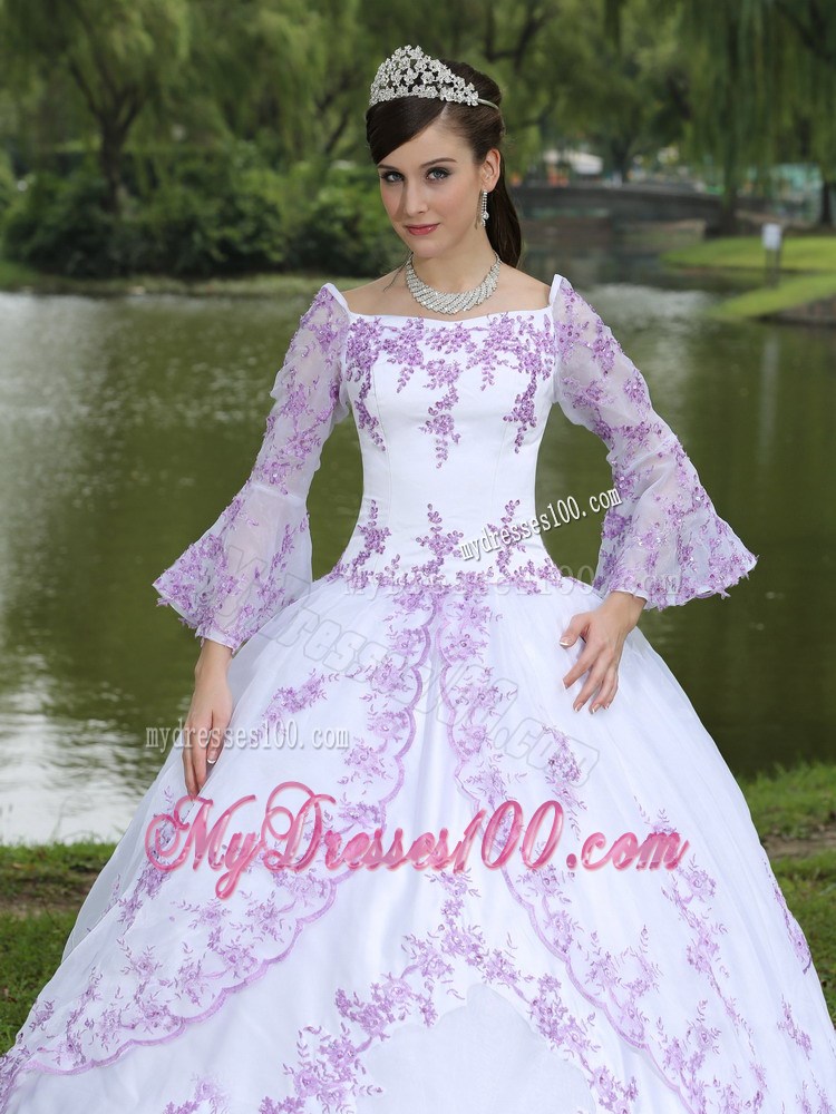 White off Shoulder Dresses 16 with Appliques and Long Sleeves