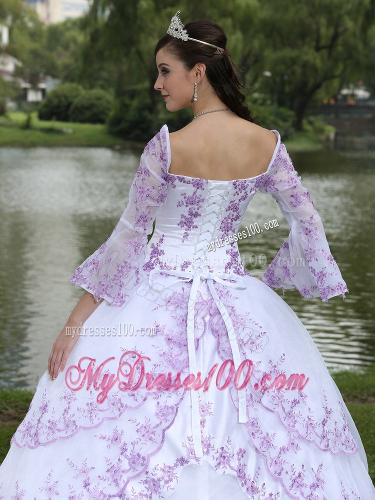 White off Shoulder Dresses 16 with Appliques and Long Sleeves
