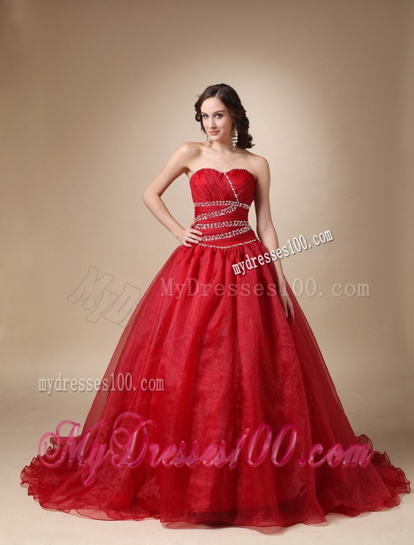 Wine Red Chapel Train Sweetheart Quinceanera Gown Dresses in A-line Style