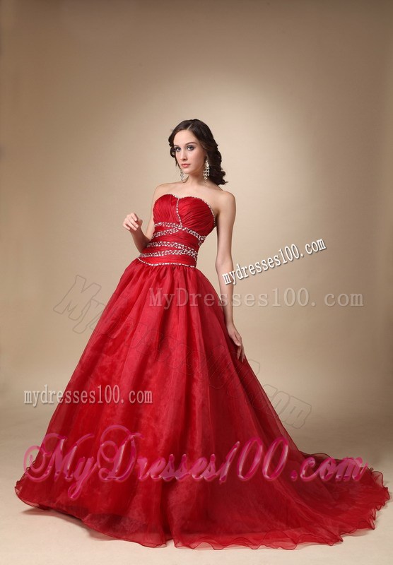 Wine Red Chapel Train Sweetheart Quinceanera Gown Dresses in A-line Style