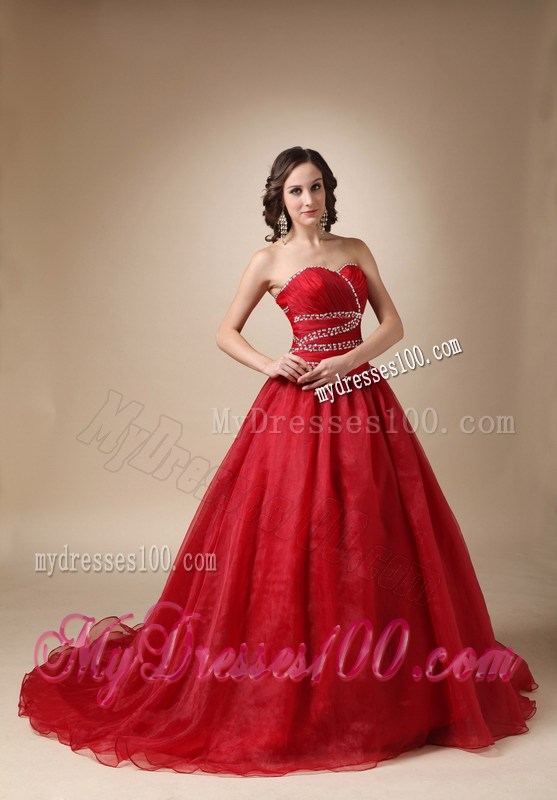 Wine Red Chapel Train Sweetheart Quinceanera Gown Dresses in A-line Style