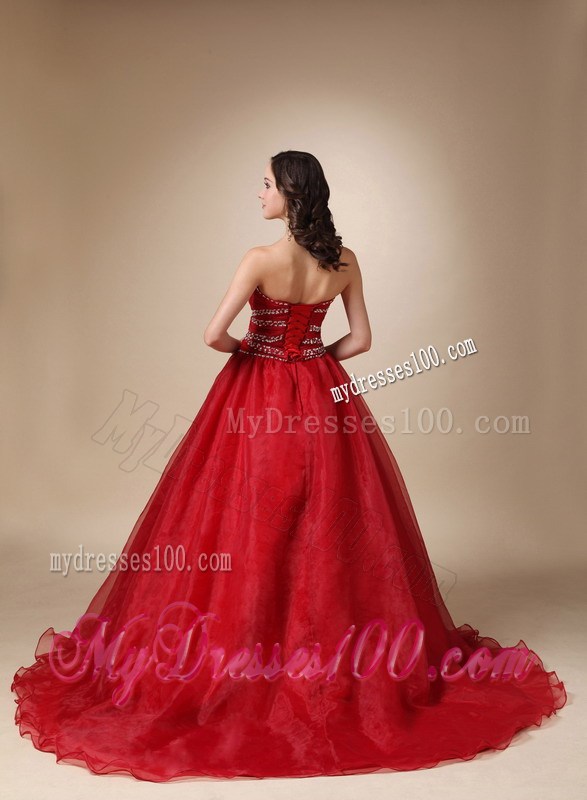 Wine Red Chapel Train Sweetheart Quinceanera Gown Dresses in A-line Style