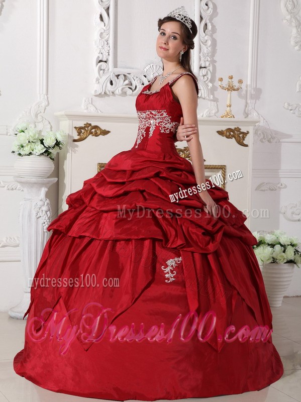 Wine Red Scoop Taffeta Beading and Appliques Quinceanera Dresses