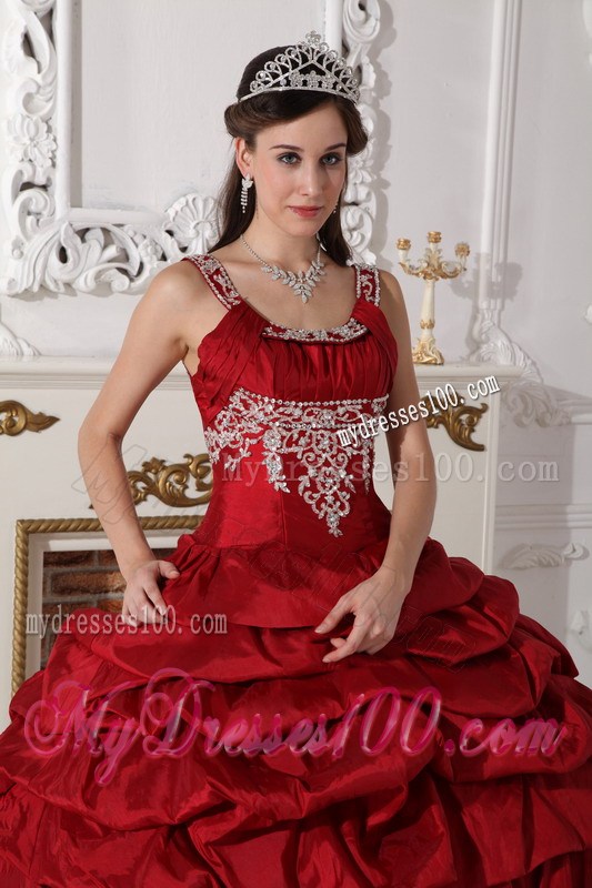 Wine Red Scoop Taffeta Beading and Appliques Quinceanera Dresses