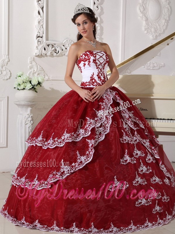Wine Red and White Applique Decorate Dresses for 15 with Lace Hem and Layers