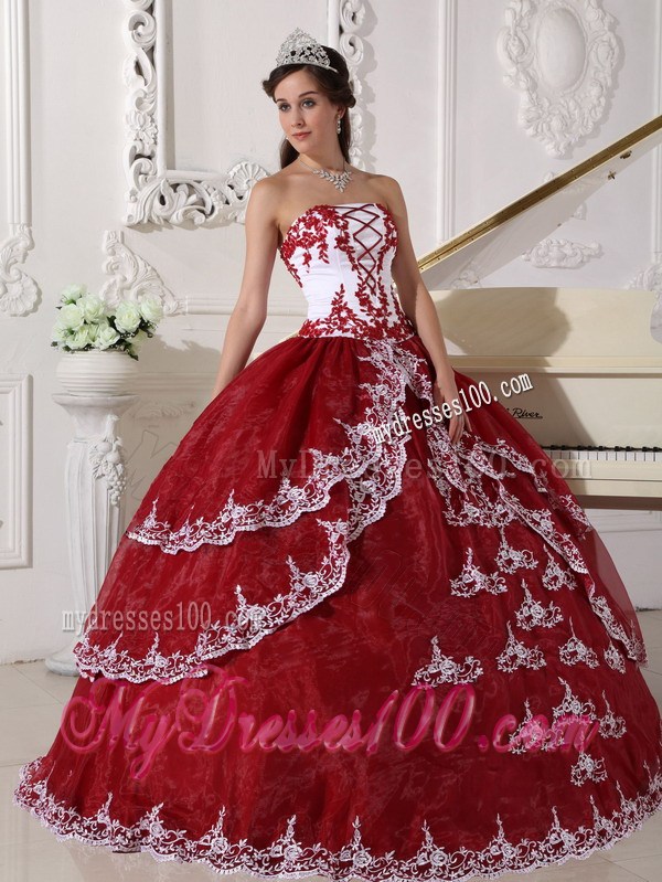 Wine Red and White Applique Decorate Dresses for 15 with Lace Hem and Layers