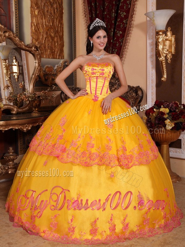 Showy Gold Appliques Quinceanera Dresses with Lace Hem Corset Back