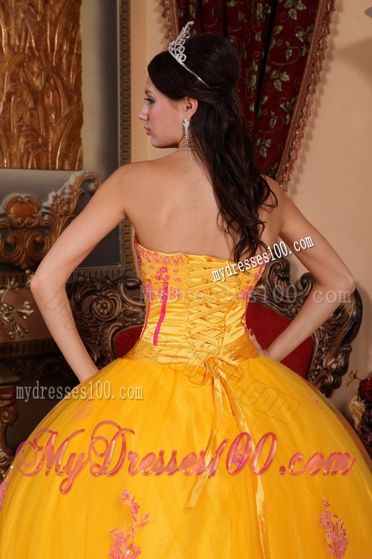 Showy Gold Appliques Quinceanera Dresses with Lace Hem Corset Back