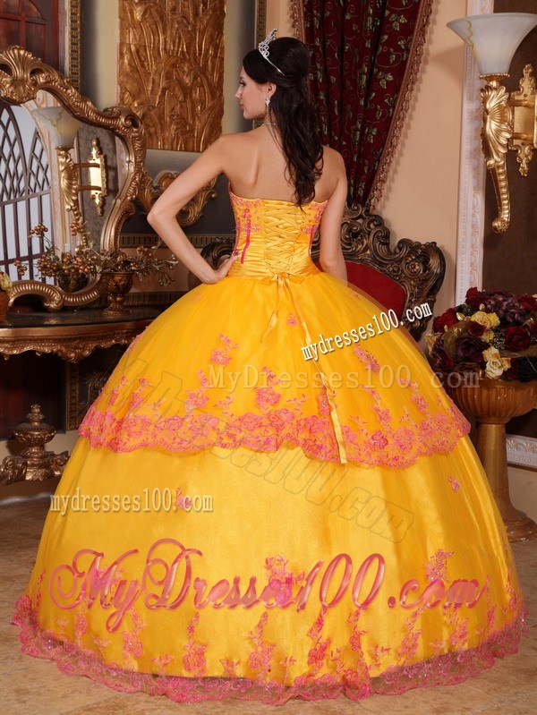 Showy Gold Appliques Quinceanera Dresses with Lace Hem Corset Back