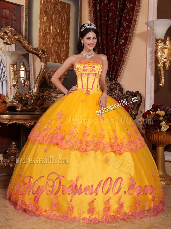 Showy Gold Appliques Quinceanera Dresses with Lace Hem Corset Back