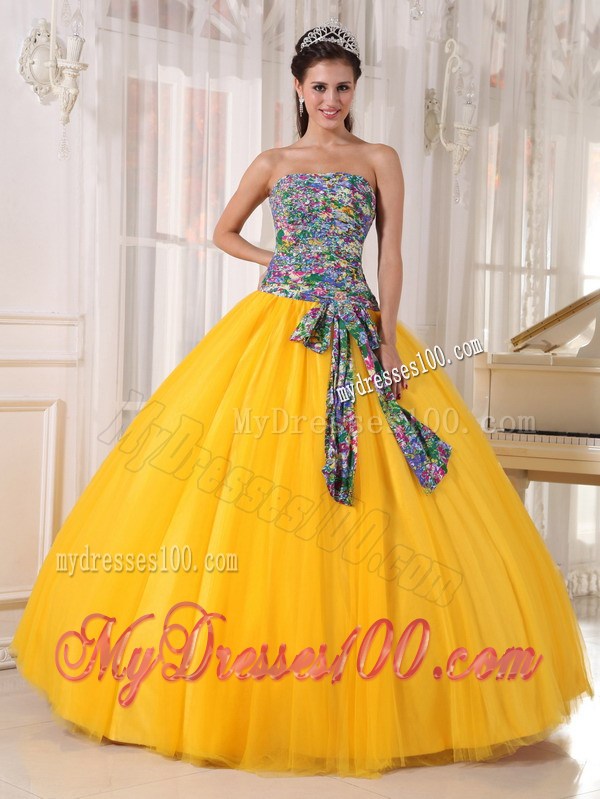 Yellow Organza Ball Gown Quinceanera Gown with Multi-Colored Bodice and Sash