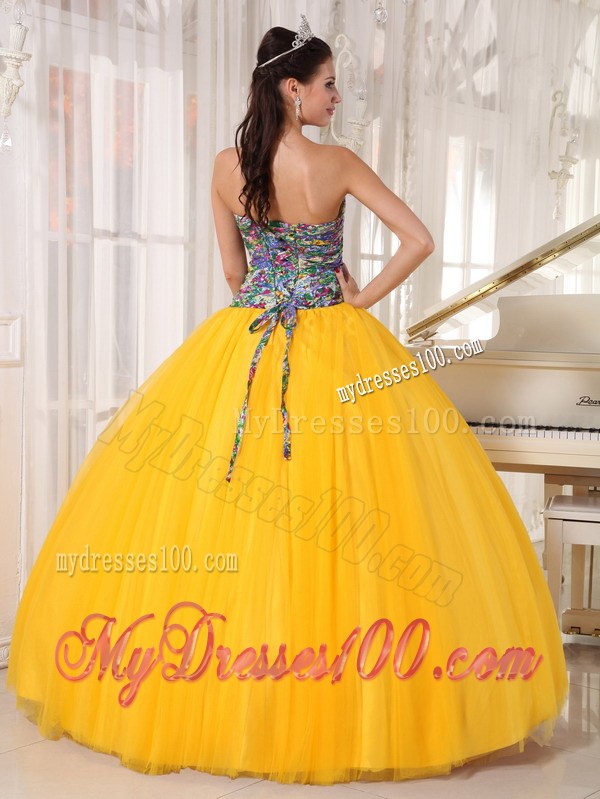 Yellow Organza Ball Gown Quinceanera Gown with Multi-Colored Bodice and Sash